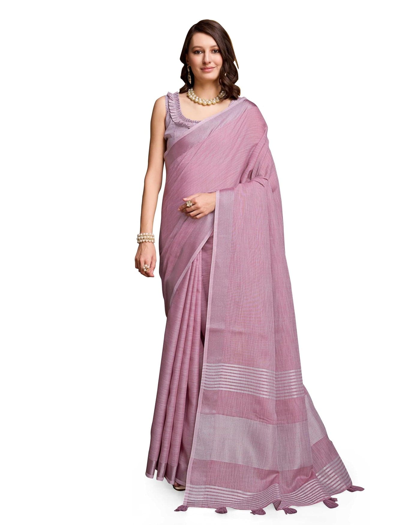 SWORNOF Women's Linen Cotton Silk Saree with Unstitched Blouse Piece | Saree for Women | Saree with Blouse Piece | Soft and Skin Friendly (PINK)