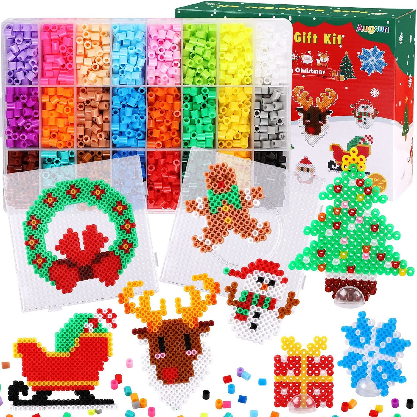 AUGSUN Christmas Fuse Beads Kit 5100Pcs 24 Colors Crafting Melting Beads Set for Kids 12 Styles Christmas Patterns 2Pcs 5mm Iron Beads Pegboards for DIY Craft Making