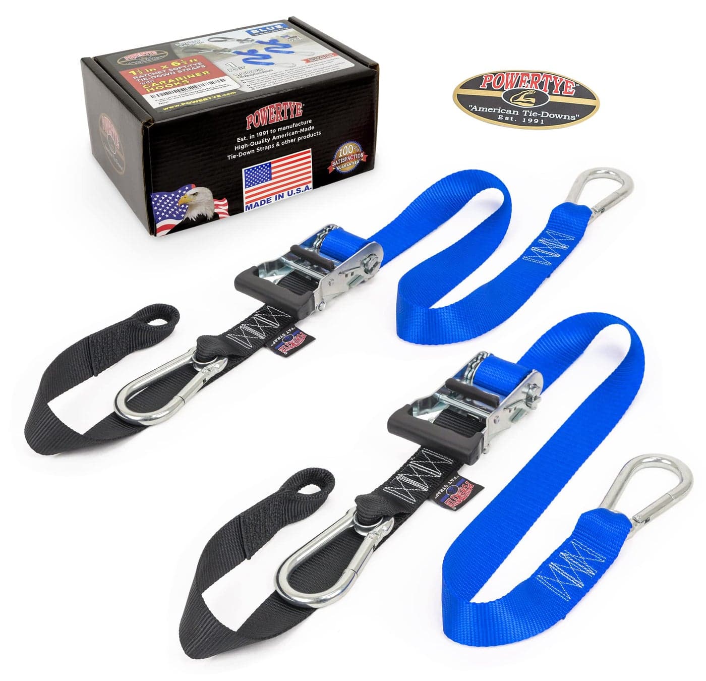 PowerTye 1.5in x 6.5ft Heavy Duty Ratchet Tie-Down Straps with Soft-Tye and Carabiner Hooks - 1,000 lb Working Load Limit / 3,000 lb Breaking Strength - Made in USA - Blue/Black Pair