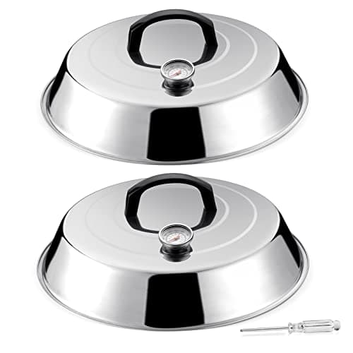 HaSteeL 12Inch Melting Dome for Griddle, Stainless Steel Basting Cover with Thermometer, Large Round Steaming Cover Lid for Flat Top Teppanyaki BBQ Camping Cooking Grilling, Indoor & Outdoor (2 Piece)