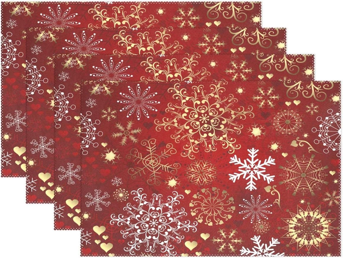 Christmas Holiday Red Gold Snowflake Placemats for Dining Table Heat Resistant Kitchen Table Decor Washable Table Mats Set of 4