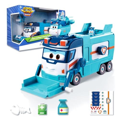 Super Wings Garbage Truck Large Trash Marc and Cleaning Helicopter Shine Recycling Dump Play Set Vehicle Learning Toys Set Street Sweeper Cars Toys for Boys Kids Ages 3 4 5 6 7 8 9