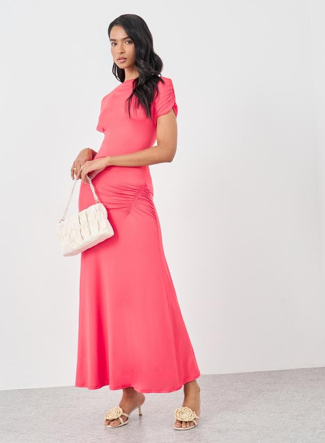 Take Two Solid Short Sleeve Maxi Dress with Gathered Detail