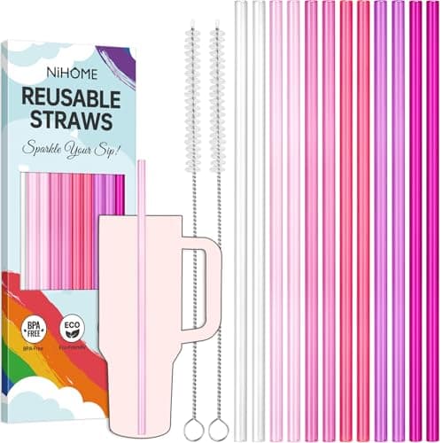 NiHome 12Pack Plastic Reusable Drinking Straws Fit for Stanley 40 oz 30oz 64 oz Tumbler 6 Color 12 In Reusable Straws Fit for Stanley Cups 2 Brushes BPAFree for Cold Hot Drinks Gradient Pink