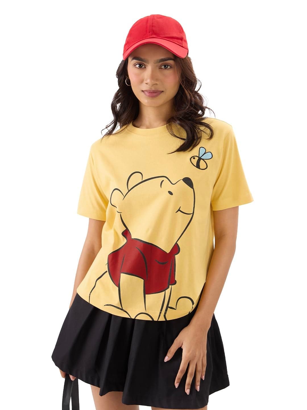 The Souled Store Official Winnie The Pooh: Chasing Bees Women and Girls Short Sleeve Round Neck Yellow Graphic Printed Regular Fit Cotton T-Shirts