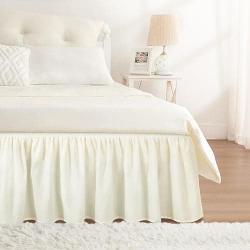 RIMELA Ivory King Size Bed Skirt 15 Inch Drop Elastic Bed Skirts Cal King Dust Ruffle Ivory Bedskirt for Adjustable Bed Base Solid Fade Resistant Silky Fabric Machine Washable Easy to Install