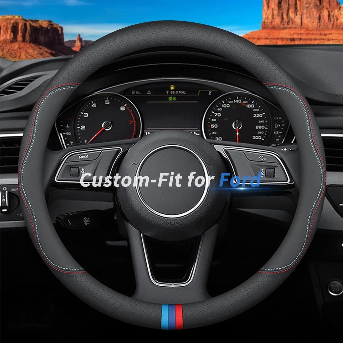 Deer Route Custom-Fit Premium Leather Steering Wheel Cover for Ford - Non-Slip, Breathable Accessory With Logo (C-Style)