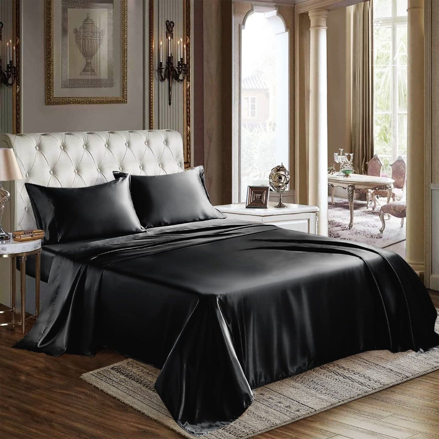 CozyLux Satin Sheets Full Size 4 Piece Black Bed Sheet Set with Silky Microfiber 1 Deep Pocket Fitted Sheet 1 Flat Sheet and 2 Pillowcases Smooth and Soft