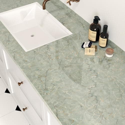 Wallderful Green Marble Contact Paper for Countertops Waterproof Green Gold Marble Wallpaper Peel and Stick Glossy Granite Contact Paper for Bathroom Kitchen Backsplash Cabinets Table Cyan Vinyl Decor