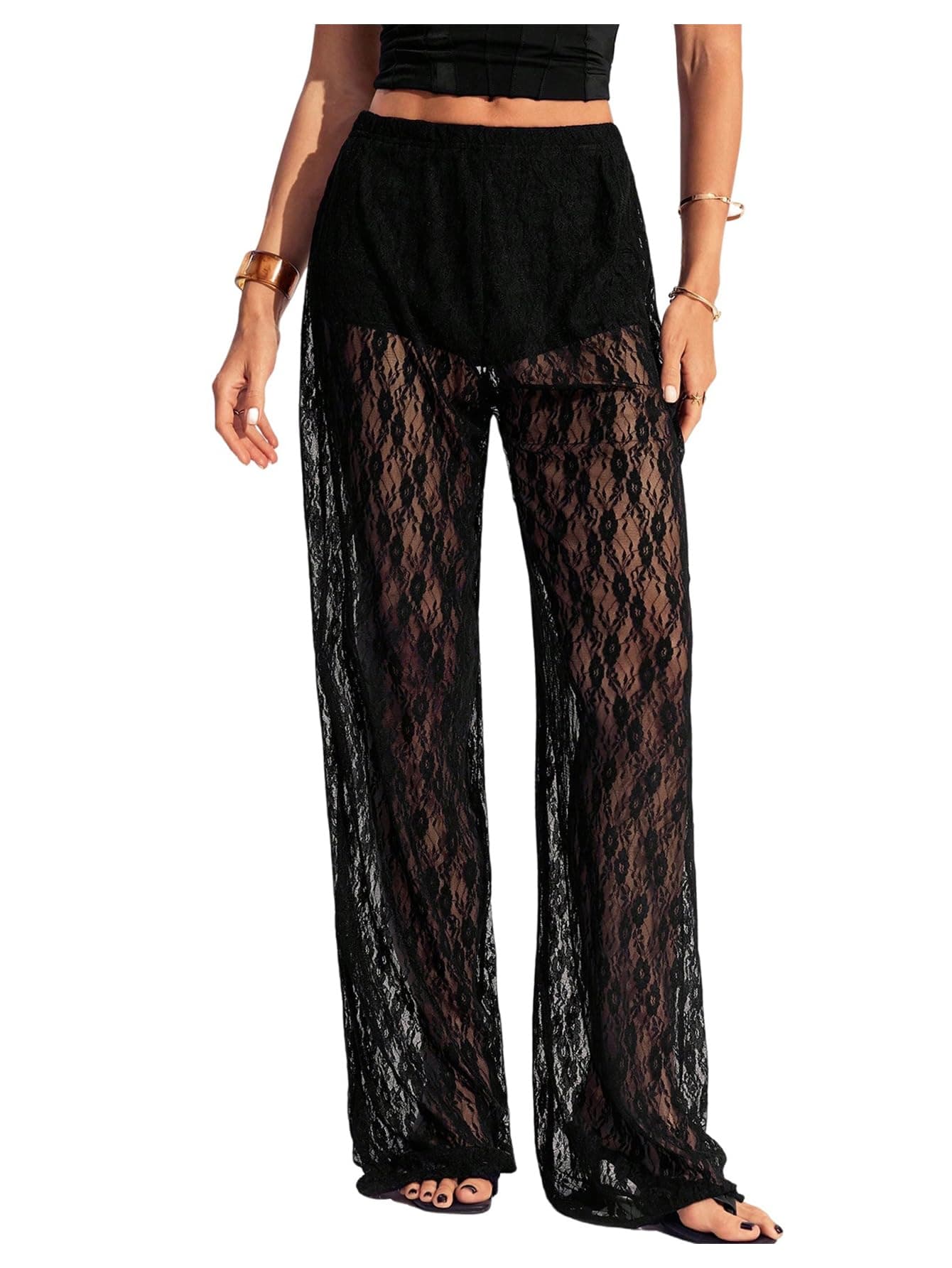 RoseSeek Women's Y2K Floral Lace See Through Pants Sheer Straight Leg Long Pants Club Wear Lace Black Tall-M