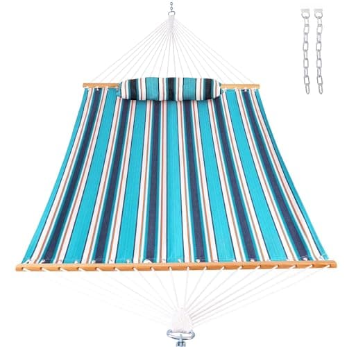 Lazy Daze 12 FT Sunbrella Fabric Hammock not Fading with Spreader Bars and Free Pillow Fits for Two Persons All Weather and Fade Resistant for Patio Yard 450 lbs Weight Capacity Token Surfside
