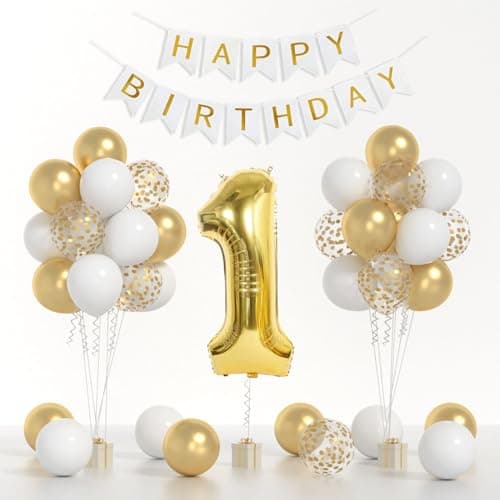 1st Birthday Decorations40inch Gold Number 1 Balloon And Happy Birthday Banner With 12inch Metallic Gold White Confetti Balloons For One Year Old Boys Birthday Decorations
