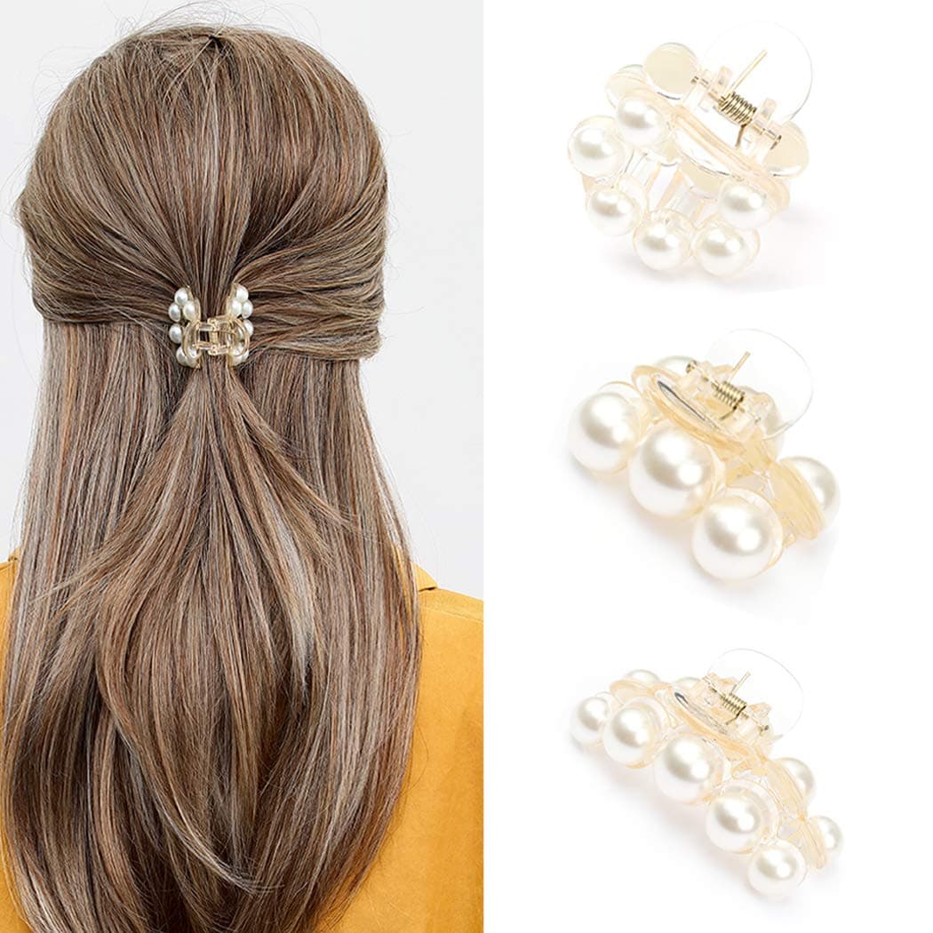 Brinie Hair Claw Clamps Champagne Pearl Hair Barrettes Medium Small Non Slip Clips Hair Accessories for Women and Girls 3 PCS