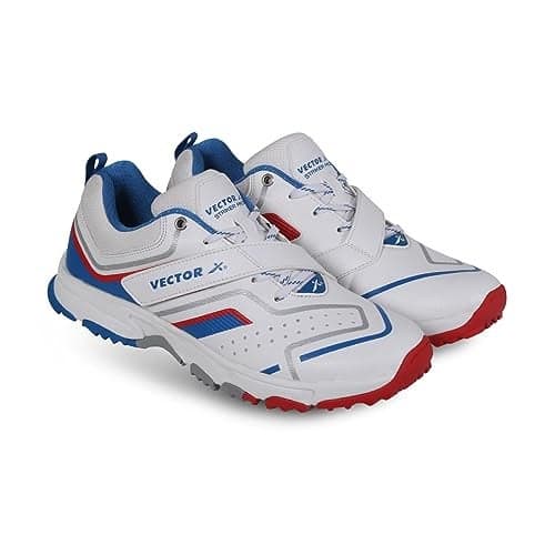 Vector X Striker Pro Cricket Shoe for Men with PU Upper/Sports Shoes/EVA Sockliner for Sports Midfoot Support Strap (Color: White-Blue-Red, Size : 10)