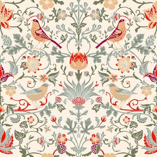 ReWallpaper Vintage Birds Floral Peel and Stick Wallpaper Boho William Morris Wallpaper Strawberry for Bedroom Living Room 17.5in×10ft Green Leaf Fruit Flower Wall Paper Peel Stick Contact Paper Roll