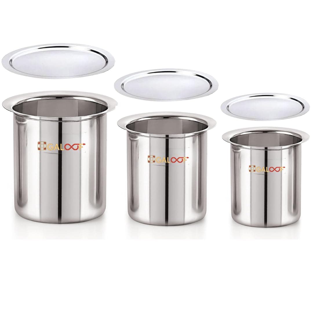 GALOOF Stainless Steel Deep Gunj with Lid for Boiling Milk and Water Flat Bottom Deep Milk Pot with Lid Set of 3 Long Tapeli Milk Boiler Vessel 1 L 13 L 17 L Set of 3 Milk Pot Set with Lid