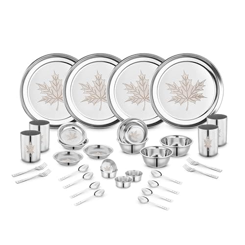 Classic Essentials Stainless Steel Dinner Set|Serves 4 People|Heavy Gauge|Kitchen Set|Permanent Laser-Maple, Set of 32