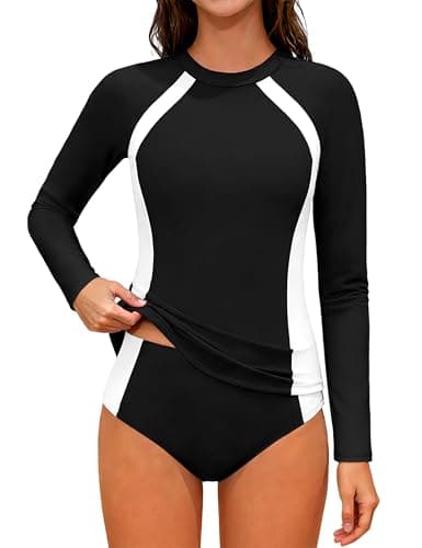 TyeSmo Teen Swimsuits for Girls 12-14 Rash Guard Swimsuit Long Sleeve Teen Bathing Suits for Girls 12-14 Two Piece Color Block Girl Size 14 Swimsuit UPF 50+ Sun Protection Padded Swimwear Black