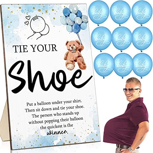Roowest 51 Pcs Tie Your Shoe Baby Shower Game Sign Wooden Sign Greenery Gift Sets Gender Reveal Party Favors 50 Balloons Latex Balloons for Game SuppliesBlueBear