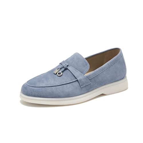BEAU TODAY Suede Loafers Flats for Women, Women’s Slip On Penny Loafers, Leather Driving Comfortable Dress Ladies Loafers Casual Office Work Shoes Blue US 5.5