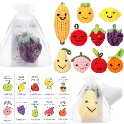 Shappy 30 Sets Inspirational Positive Fruit Toy Gift Cute Funny Wool Knitted Fruit Mini Employee Appreciation Gift Motivational Pun Card Organza Bag Classroom Team Vacation Party Favor for Student