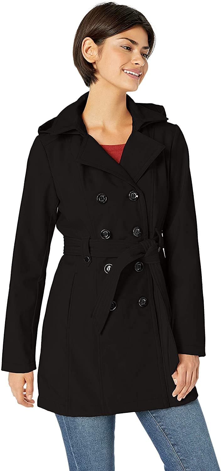 Sebby Collection Womens Soft Shell Trench Coat with Detachable Hood