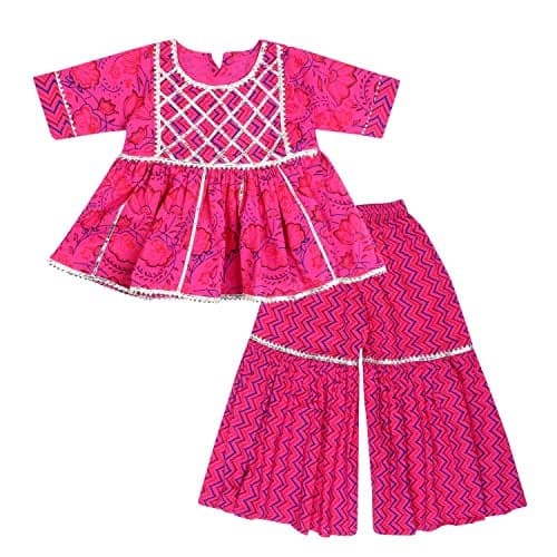 superminis Baby Girls Cotton Sanganeri Printed Frock Style Kurti Set with Sharara Dress (2-3 Years, Pink)