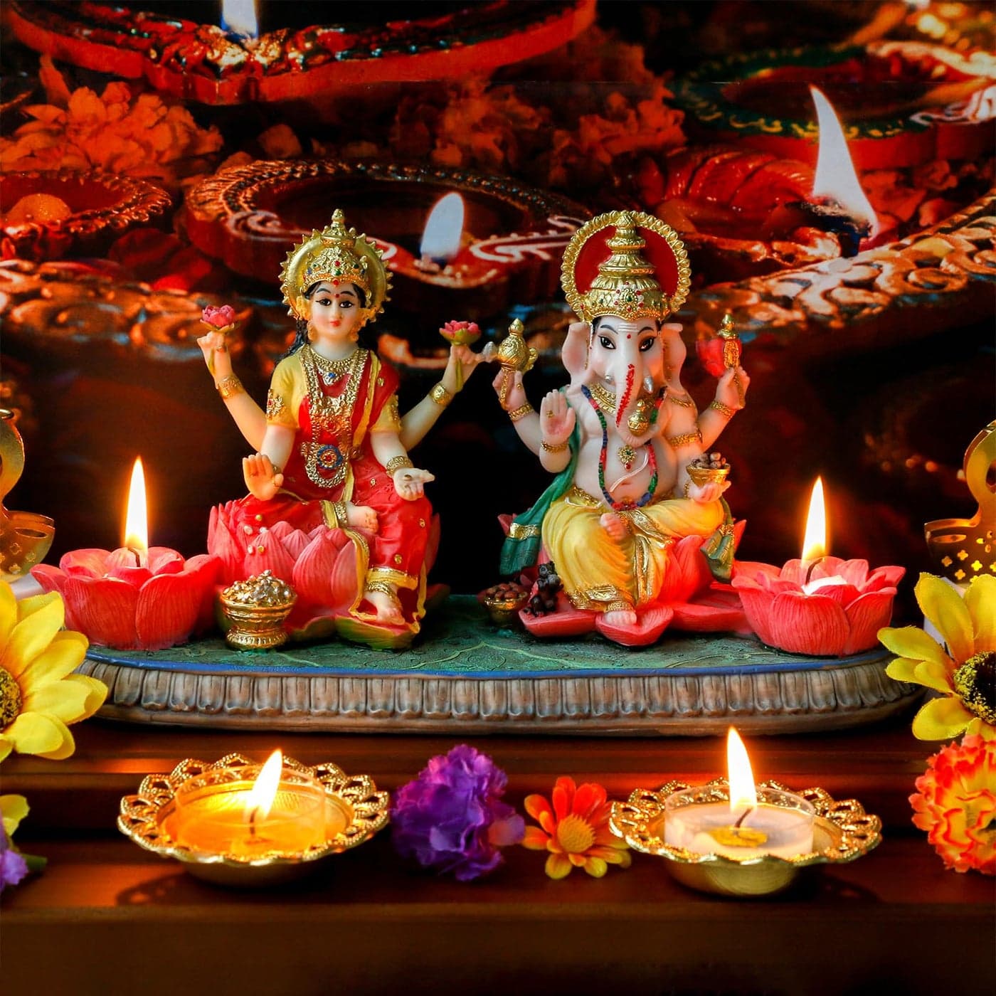 Indian God Ganesha Lakshmi Statue 53H Indian Idol Laxmi Ganesh with LED Diyas for Diwali Gifts Decor Home Office Mandir Temple Altar Puja Item Hindu Murti Pooja Sculpture
