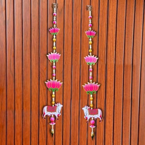 CraftVatika Pichwai Cow and Lotus Wall Hanging Latkan for Door Decoration, Diwali Decor Items, Diwali Decoration for Home, Festival Decorations Items, Pichwai Cow Hanging- 34 Inch Height,1 Pair