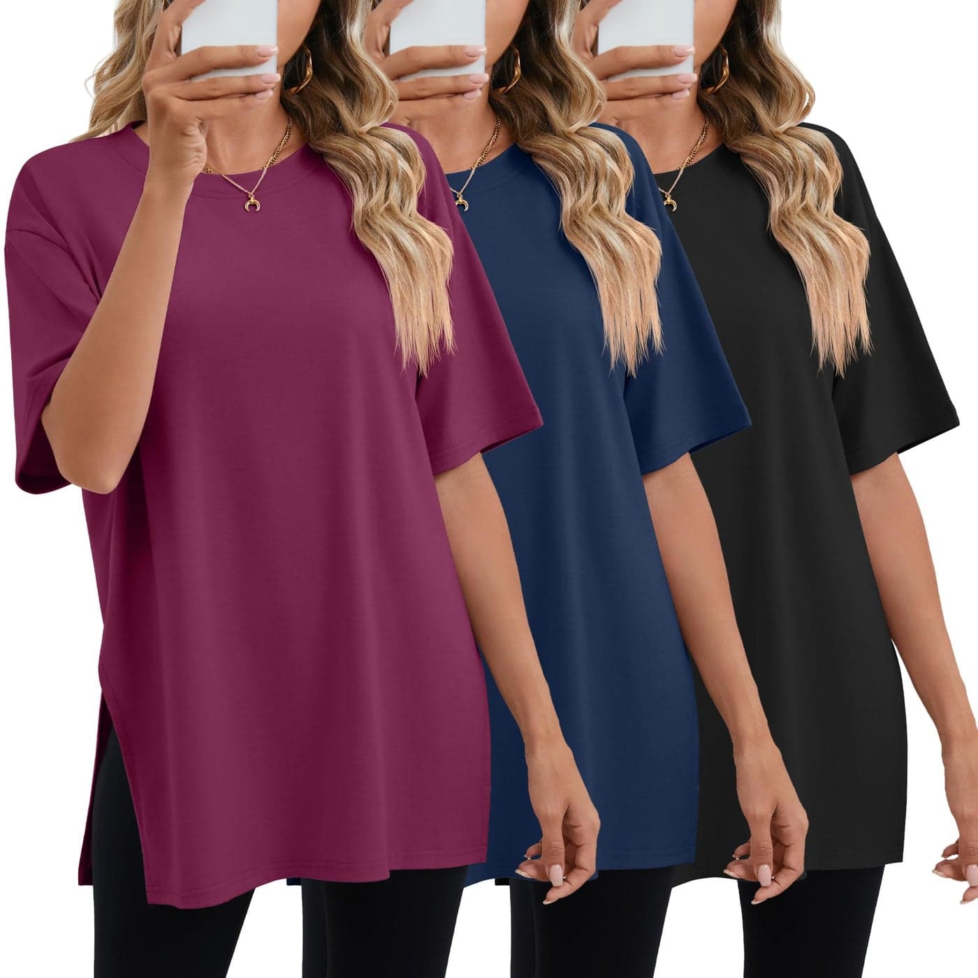 Huukeay 3 Pack Womens Oversized Gym T Shirts Cotton Short Sleeve Side Split Crewneck Tops Casual Workout Baggy Basic TeeBlack Navy Blue FuchsiaSmall