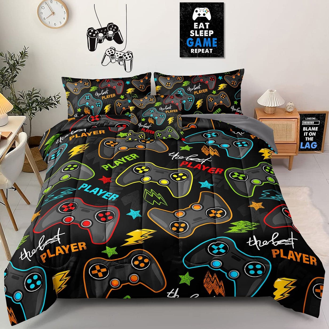 ZJian HOME 5 Pieces Gaming Bedding Set Twin Size for Boys Gamer Comforter Set for Boys Girls Kids Teens 5 Piece Bed in A Bag Video Game Bedding for Gamer Room Decorative Twin25