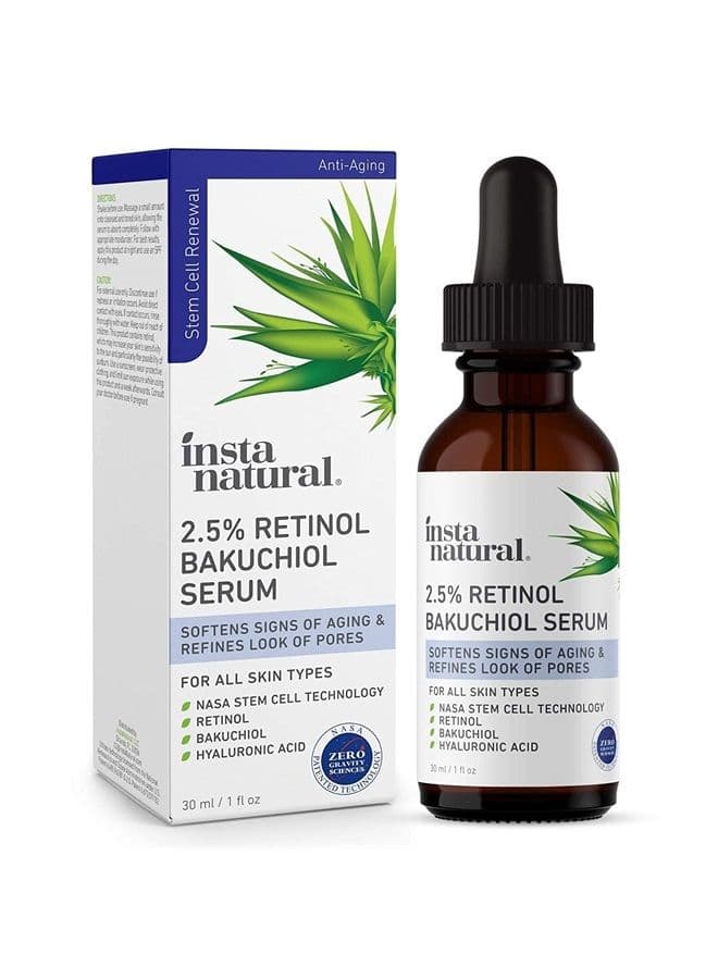 2.5% Retinol Bakuchiol Face Serum, Minimizes Lines, Wrinkles, Discoloration and Signs of Aging, with Hyaluronic Acid and Squalane, 1 Fl Oz
