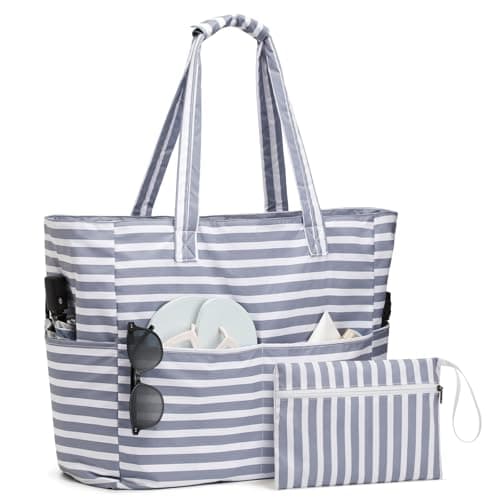 G4Free Beach Bag Waterproof Sandproof, Large Foldable Beach Tote with Zipper for Women, Pool Travel Swim Grocery Tote Bags, Gray Strip