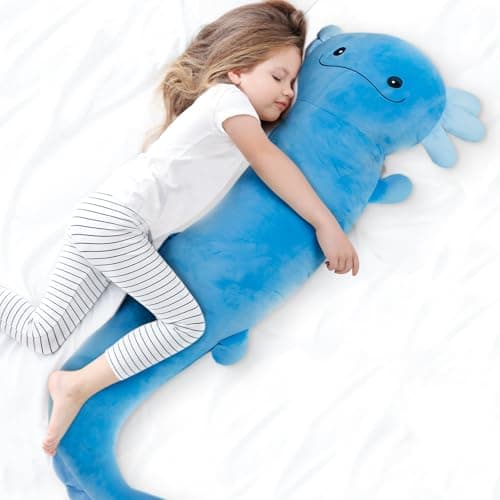 Tianmihou 48 inch Giant Axolotl Plush Huge Stuffed Animal Big Blue Axolotl Glow in The Dark Fluorescent Plushies Cute Large Jumbo Salamander Body Pillow Gifts for Kids Adults Birthday