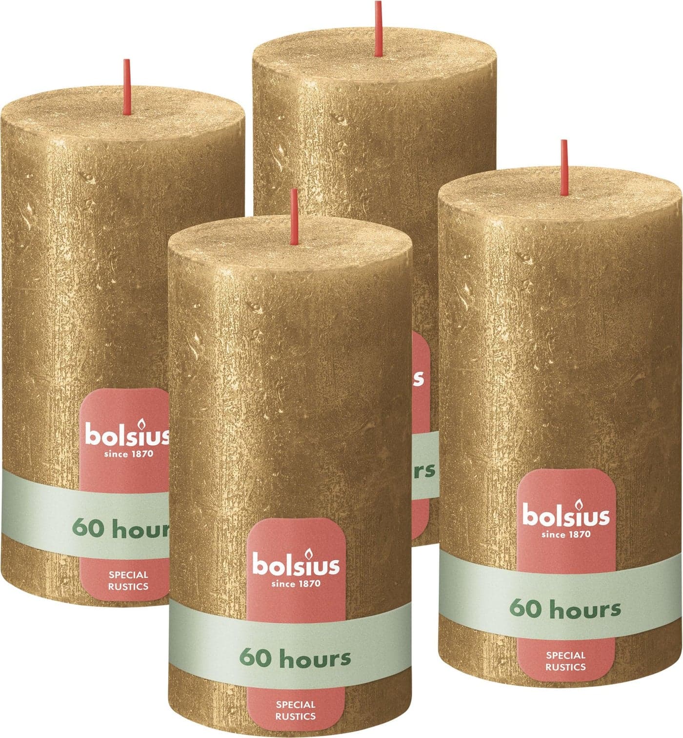 Bolsius Rustic Pillar Candle Shimmer Gold Pack of 4 Long Burning Time of 60 Hours Interior Decoration Unscented Includes Natural Vegan Wax No Palm Oil 13 x 7 cm
