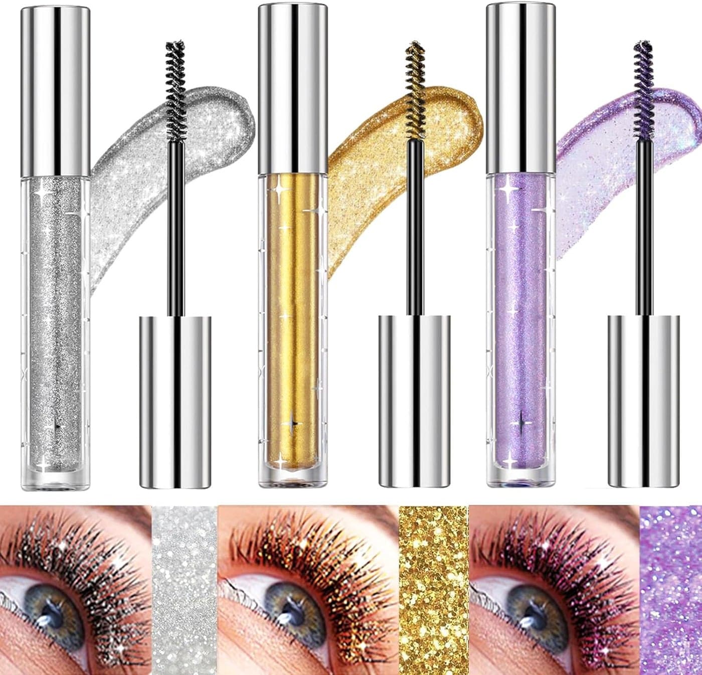 3PCS Glitter Eyeshadow Mascara Lengthening Volumizing Colorful Lashes Sparkling Diamonds Silver Waterproof Mascara for Eyelashes Party Wedding