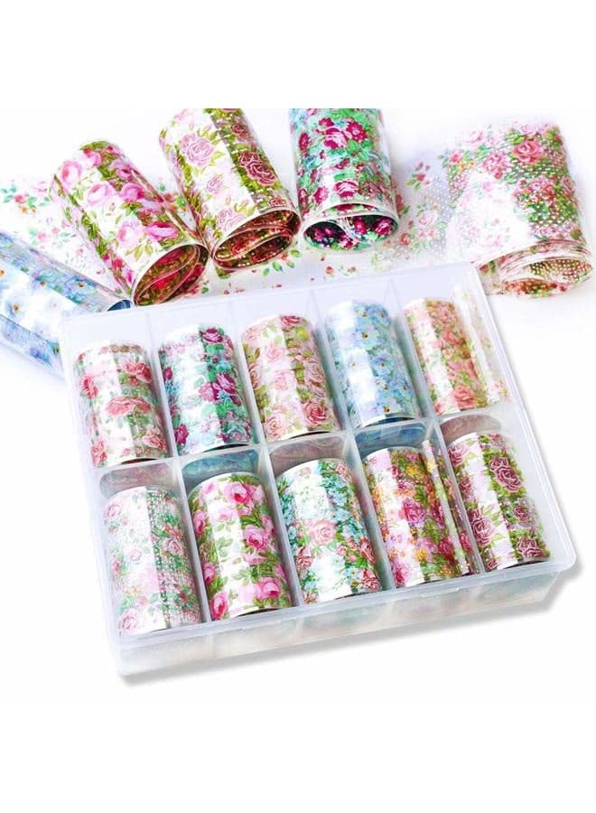 10 Rolls Starry Sky Nail Art Foil Sticker Colorful Flower Rose Nail Film Wraps Decals Manicure Transfer Decoration (1.57inches×39.4inches)
