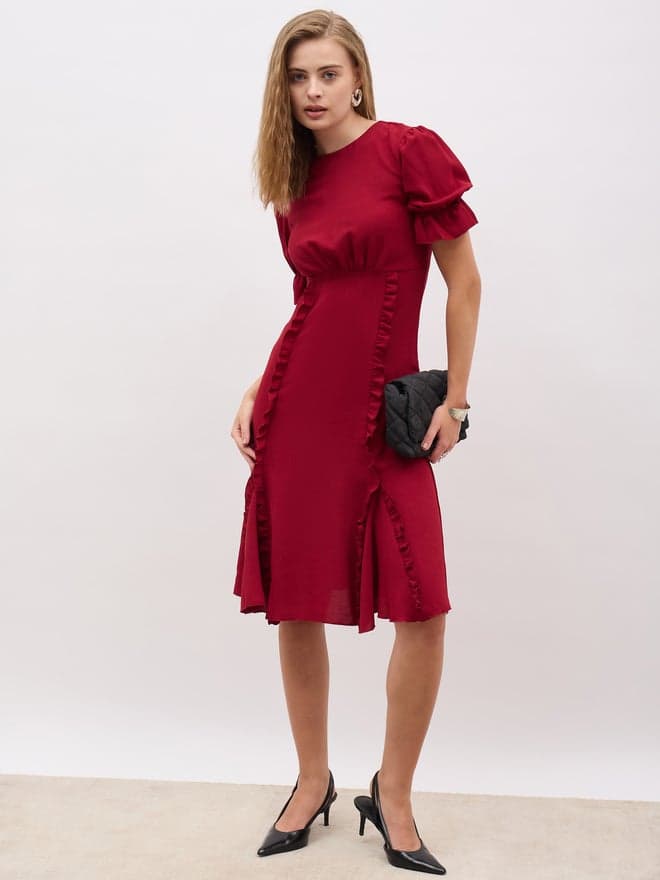 Solid Round Neck A-Line Midi Dress With Ruffled Detail