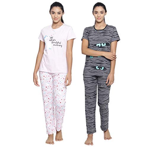 Real Basics Women's Cotton Animal Print Pajama Set Pack of 2(RB-W-PS-L-P2-(Pink+Grey)_Multi-Coloured_Large)