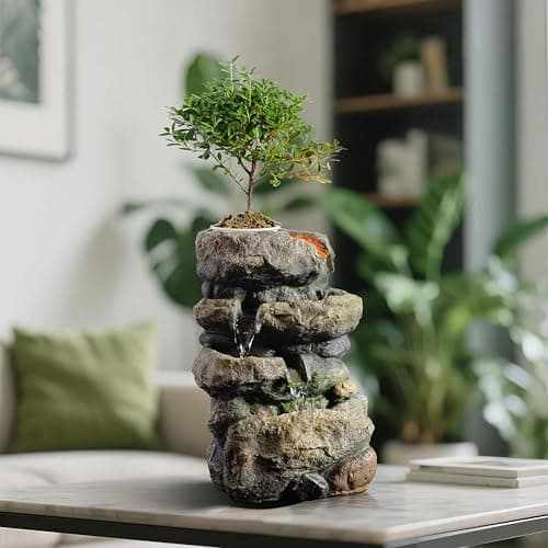 Kalona Indoor Fountain Exquisite Rockery Fountains Soothing Sound Tabletop Fountains Home/Office Decor with a Small Plastic Pot to Grow The Plant by Yourself(Automatic Watering)(22020)