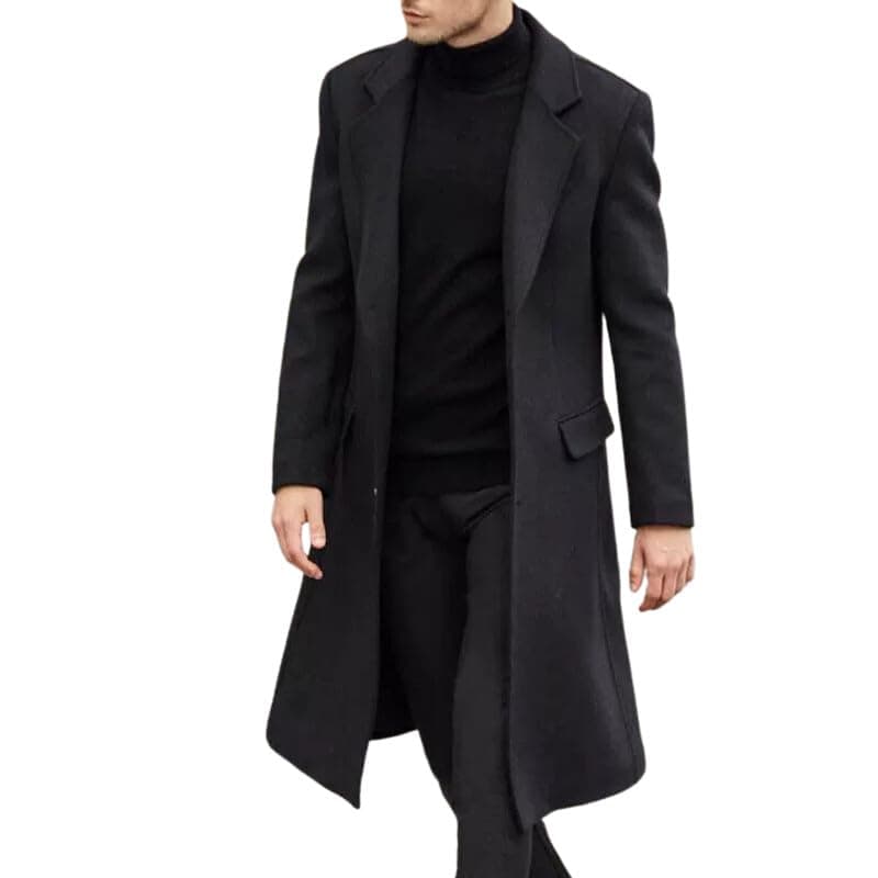 carl vinson® Men's Wool Blend Long Trench Coat Single Breasted Slim Fit Winter Jacket | Black - L