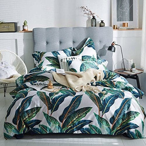 VM VOUGEMARKET Leaves Duvet Cover Set Queen,3 Piece Soft Premium Cotton Green Tropical Palm Tree Comforter Cover with Zipper Closure,Botanical Bedding Set Queen