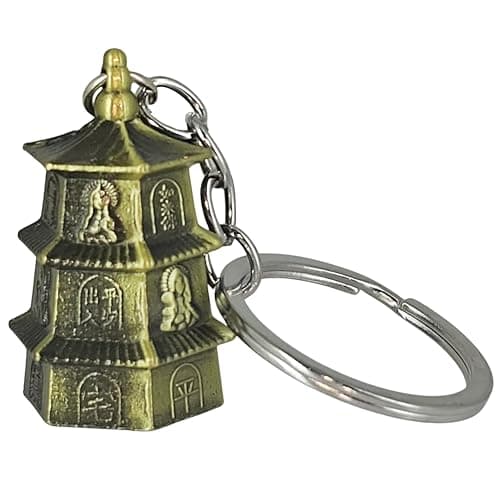 OTTAVO Guardian Bell Keychain, Oxidized Copper, Tibetan Style, 5 cm Height, Good Luck Charm (Pagoda Gold Antique Style 2)