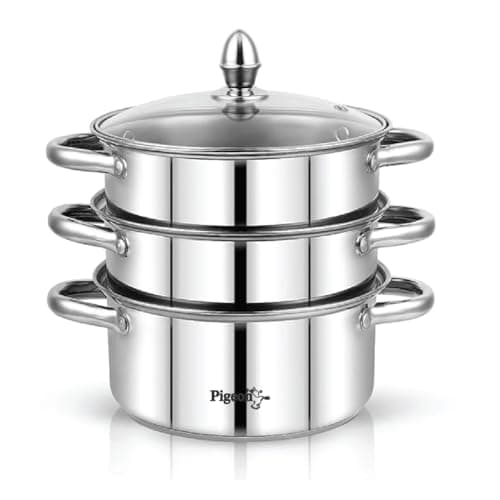 Pigeon Elantra Stainless Steel 3 Tier Steamer Pot Set with Glass Lid | Pasta Steamer Momo/Modak Maker | Vegetable Steamer | Rice Steamer (22cm) | Capsulated Induction Bottom|ISI Certified