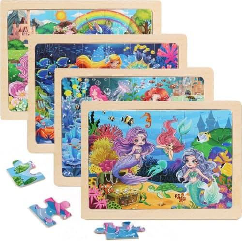 Wooden Puzzles for Kids Ages 46 4 Packs 24 PCs Unicorn Mermaid Princess Fairy Jigsaw Puzzles Preschool Educational Brain Teaser Toys for Girls 3 4 5 6 Years Old