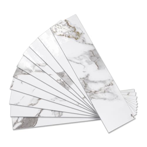 Vamos Tile 40-Piece Glossy White Marble Peel and Stick Backsplash Tile with White Grout, 3" x 12" PVC Faux Stone Backsplash Tile,Stick on Subway Tile for Kitchen, Bathroom, Laundry Room, Camper