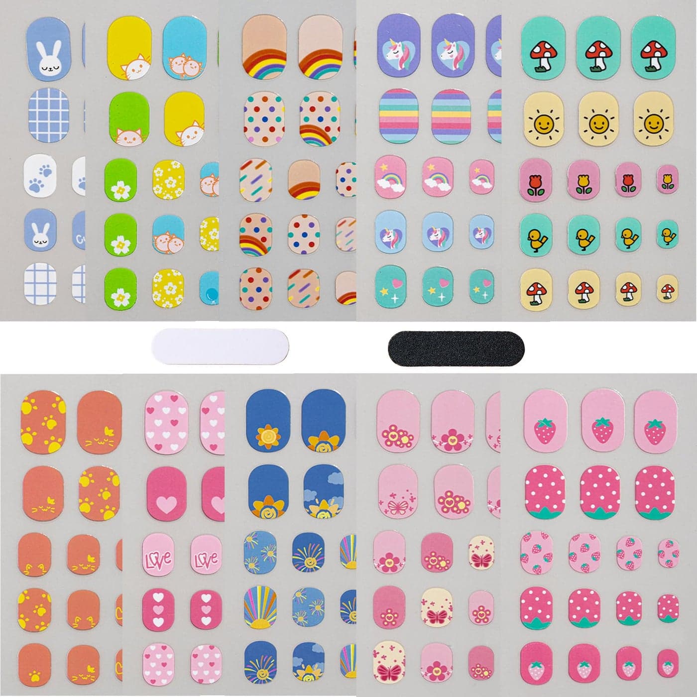 Colorful Kid Nail Stickers Full Nail Wraps for Kids Girls Self Adhesive Nail Strips for Nail Art Decoration Fun Including Rainbow Cat Rabbit Flower Strawberry Heart Sun for Age 8 and Older 10 Sheets
