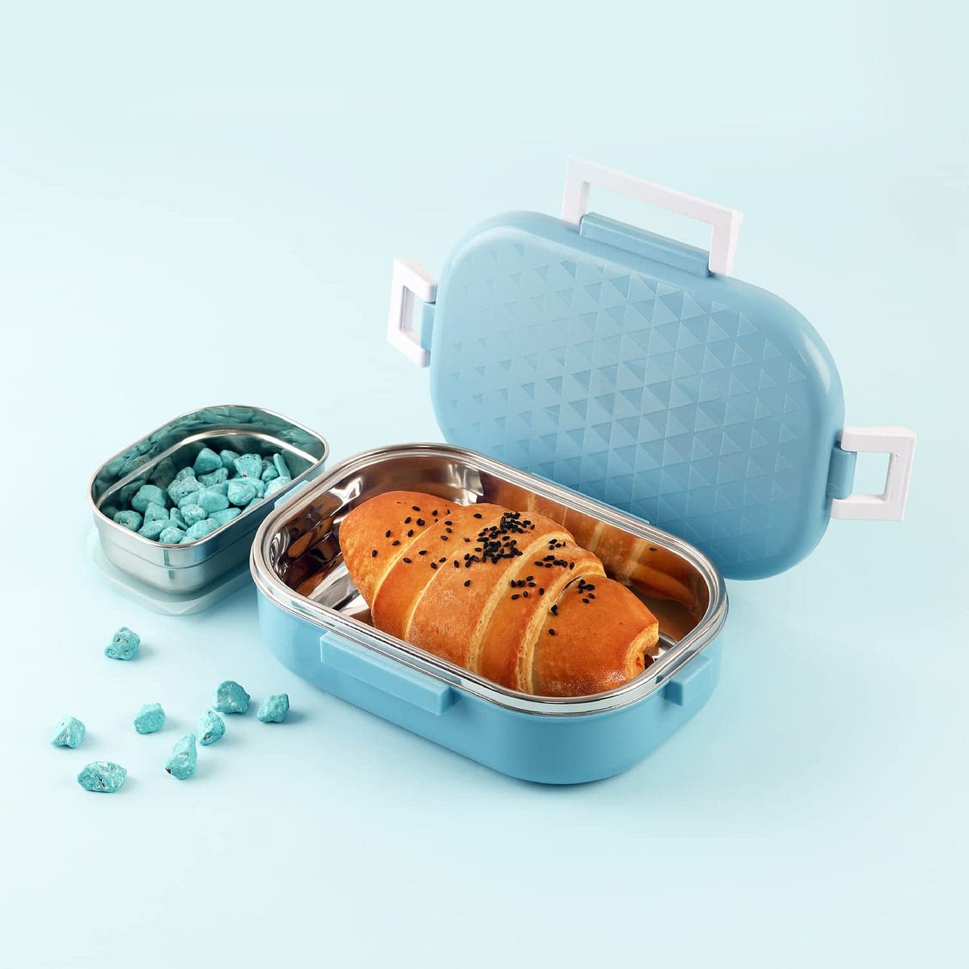 CELLO Altro Neo Lunch Box Neo Blue 700ml 2 Container Lunch Box for Kids Steel Insulated Lunch Box with Veg Box LeakProof Air Tight Container Tiffin Box for Kids Ideal for School Picnic