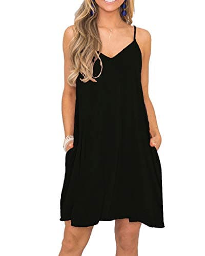BEUFRI Women's Summer Spaghetti Strap Casual Swing Tank Beach Cover Up Dress with Pockets (M, 0 Black)