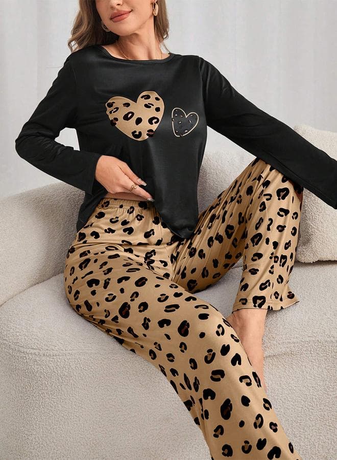 Take Two Heart Leopard Print T-Shirt and Pyjama Set